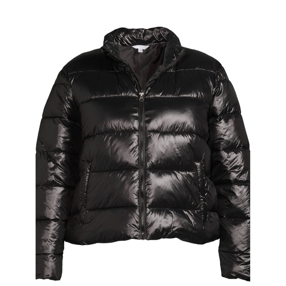 Womens Black Shiny Puffer Jacket Size L Quilted Zip Up Coat gorpcore y2k outdoor